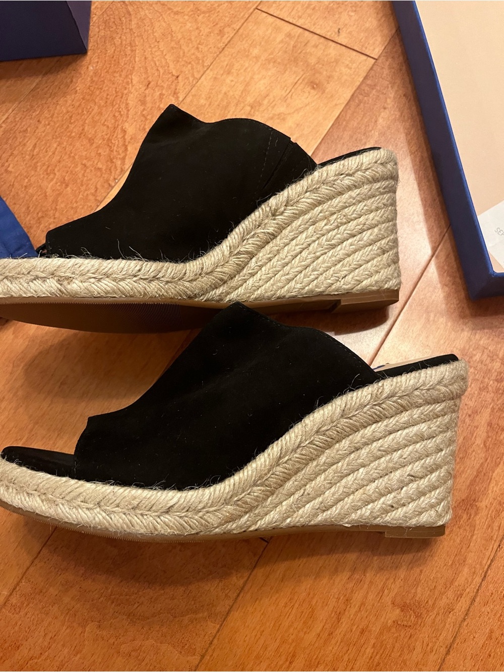 Stuart Weitzman Black Suede Espadrille-Trim Slide Mules brand new